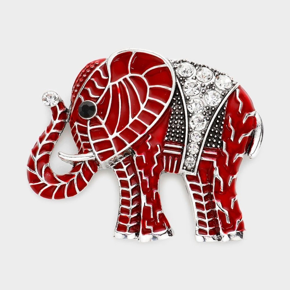 Beautiful Red & Silver Enamel Elephant Clothing Brooch